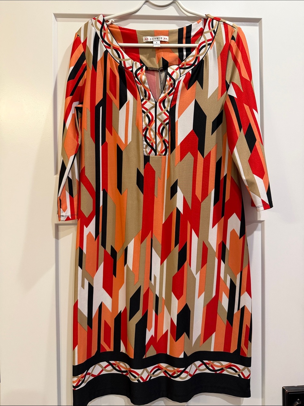 Color-Blocked Geo Print Shift Dress - Red, Orange, Tan, Black, White Size 8